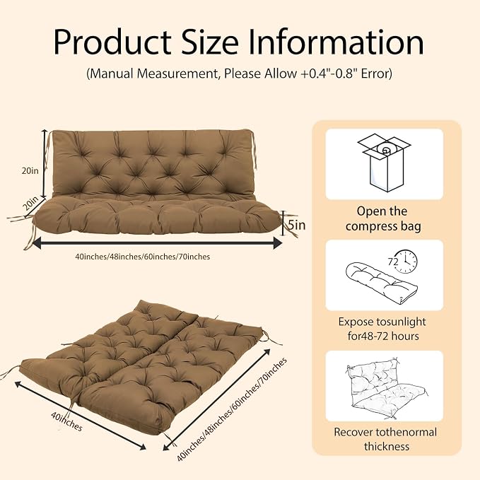 Porch Swing Cushions 60x40 Inch, 5" Extra Thick Waterproof Outdoor Swing Seat Cushion with Backrest & 8 Non-Slip Ties PP Cotton + Memory Foam Fill, Fade-Resistant 3-Seater Replacement for Patio Bench