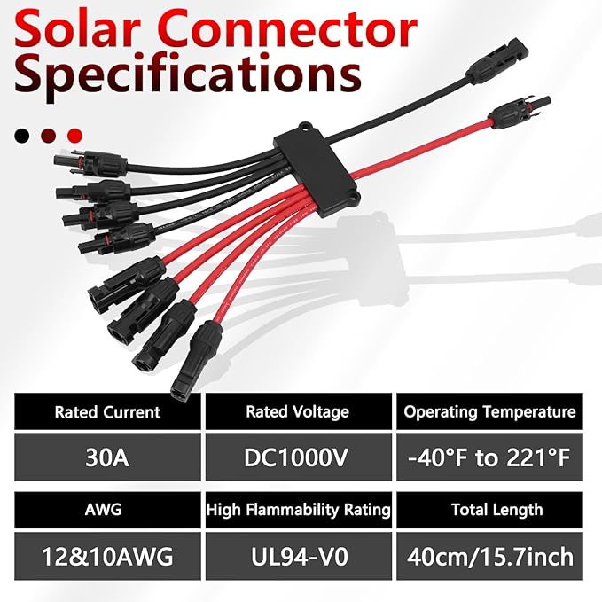 Solar Parallel Connectors for 4 Solar Panels, Tool-Free Solar Panel Connectors Cable 2 to 8 Y Branch Parallel Adapter, IP68 Waterproof Wires Splitter 10AWG for Solar Cable Extension(FMMMM/MFFFF)