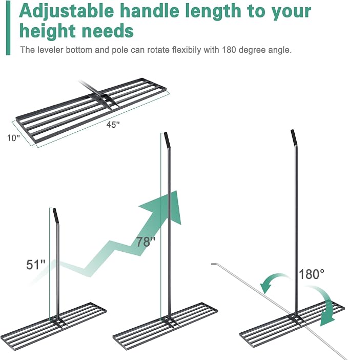 Lawn Leveling Rake 45"x10", Heavy Duty Rakes for Lawns with Anti-Rust Coating & Adjustable Handle, Effort-Saving Lawn Leveler for Yard Garden Farm Golf Course Lawn Care
