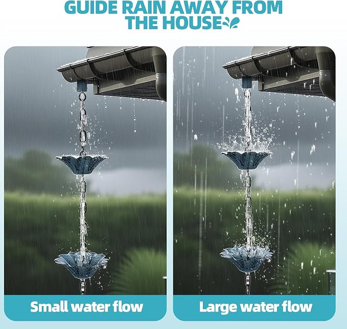 Rifachua 12 Cups Lotus Rain Chain for Gutters Downspouts Outside 8.5ft, Blue Plated Lotus Rain Chain Cups, Functional and Decorative Replacement for Gutter Downspouts