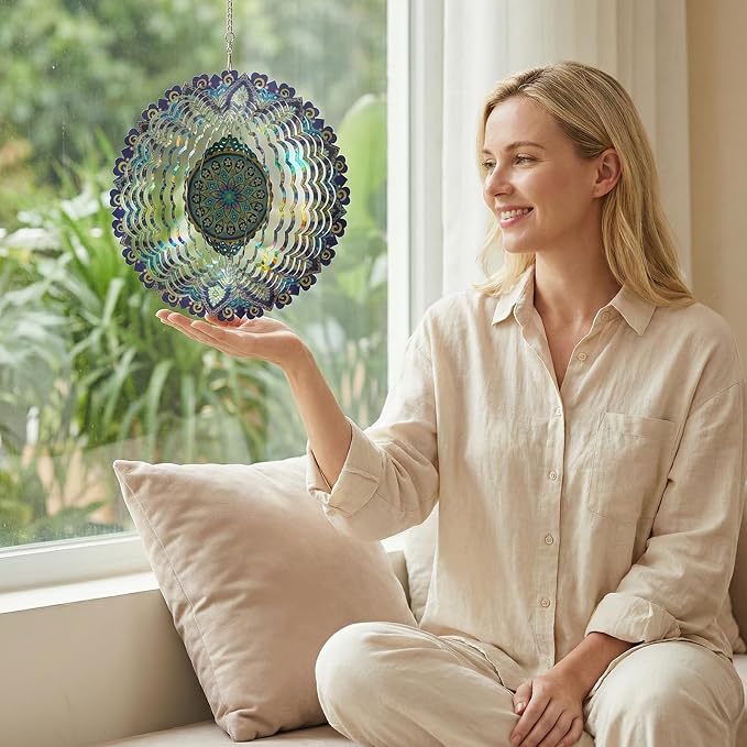 Mandala Wind Spinners Outdoor for Mother's Day, IDEA SHOW Stainless Steel Wind Spinners Outside, 3D Kinetic Hanging Sculpture, Rustproof Metal Garden Decor Ornaments for Yard Art, Women, Men, Holidays