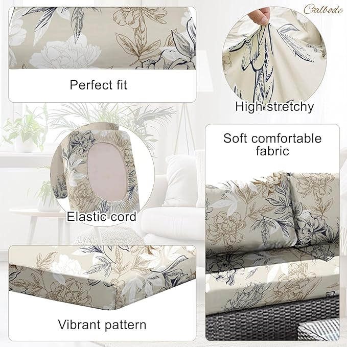 CALBODE 12Pcs Outdoor Stretch Cushion Covers,Waterproof Outdoor Chair Floral Cushion Covers for Patio Furniture, Washable Beige Couch Covers Replacement for Patio Furniture