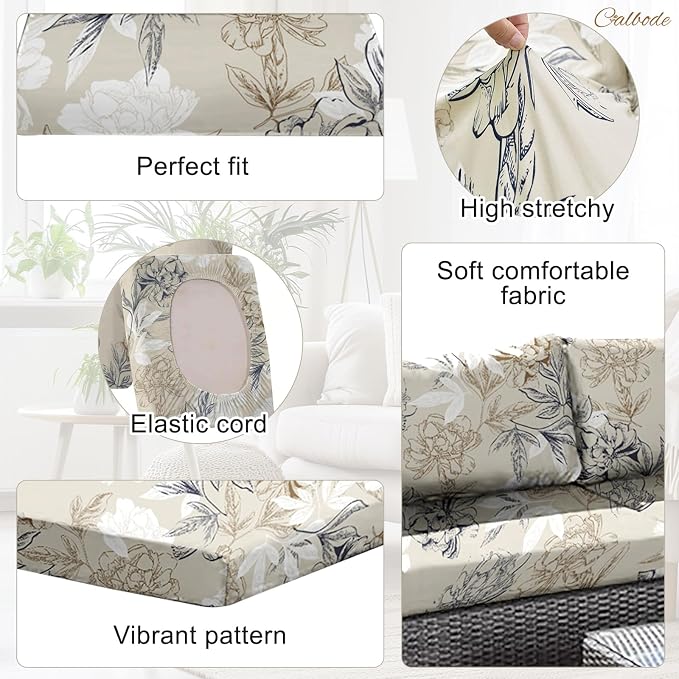 CALBODE 14Pcs Outdoor Stretch Cushion Covers,Waterproof Outdoor Chair Floral Cushion Covers for Patio Furniture, Washable Beige Couch Covers Replacement for Patio Furniture