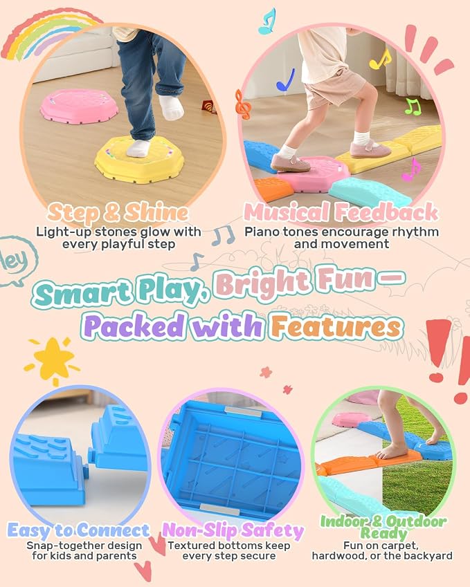 Holyton Balance Beam and Stepping Stones for Kids – 13PCS Light Up & Musical Toddler Balance Beam Obstacle Course, Non-Slip Sensory Toys for Toddlers 3-8, Indoor Outdoor Play, Gift for Boys Girls
