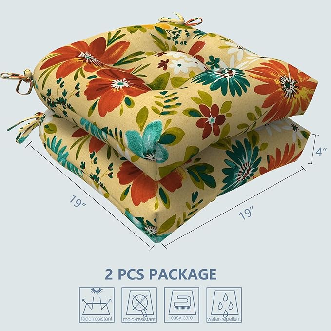 LVTXIII Outdoor/Indoor Tufted Seat Cushion, Decorative Wicker Chair Pads All Weather Seat Cushion Sets for Patio Garden Home Office Furniture, 19"x19"x4", Round Back, Pack of 2, Flower Multi