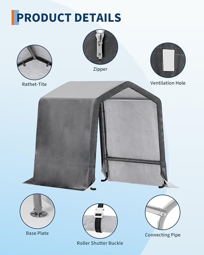 GarveeHome 6x6FT Outdoor Portable Storage Shed with Roll-Up Door & Vent, 240G Heavy-Duty Shelter Waterproof PE Tarp, UV-Resistant Storage Sheds for Motorcycle, Firewood, Garden and Tools, Gray