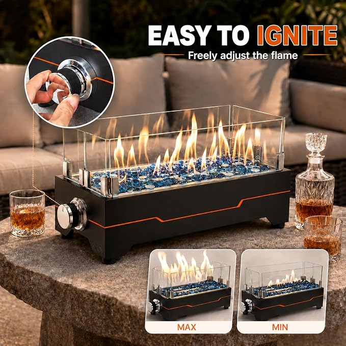 GRISUN Tabletop Fire Pit,15 Inch Propane Fire Pit Table,30000 BTU Table Top Firepit with Glass Wind Guard,Stainless Steel Burner,Fire Glass,Portable Propane fire Pit for Patio, Camping, Backyard & RV