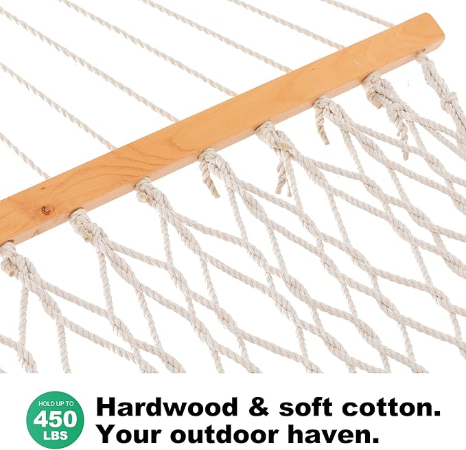 GAFETE Rope Hammock 2 Person Traditional Hand Woven Outdoor Cotton Hammocks with Hardwood Spreader Bar, Max 450 lbs Capacity (Natural Beige, Large)