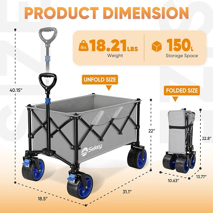 Sekey 150L Wagons Carts Foldable with Big All-Terrian Beach Wheels, Collapsible Heavy Duty Wagon, Extra Large Folding Wagon, Foldable Wagon for Camping, Garden, Sports. Gray