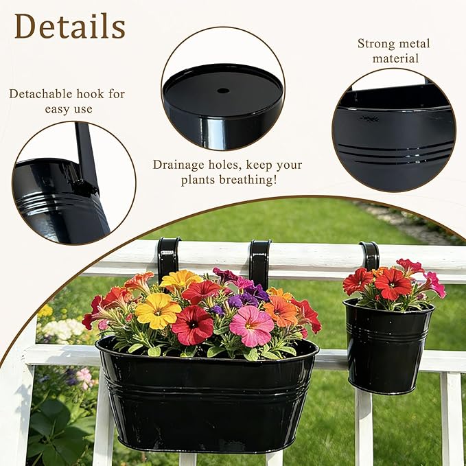 Set of 6 Balcony Hanging Planters, 2 Pcs 17" Metal Railing Flower Pots & 2 Pcs 12" Deck Planter & 2 Pcs 4" Fence Pot for Outdoor Patio Garden Décor, Black