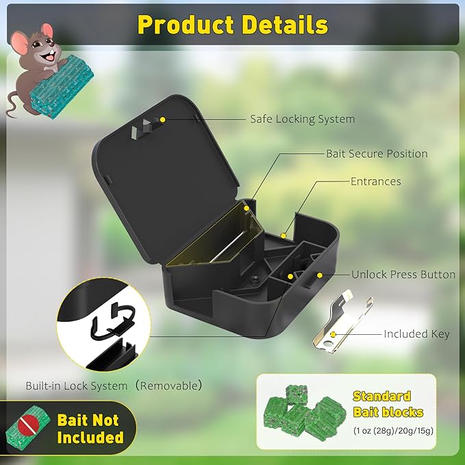 Mouse Stations with Keys 6 Pack, Keyless Design and Key Required Mouse Stations, Mice Stations, Keeps Children and Pets Safe Indoor & Outdoor, Black