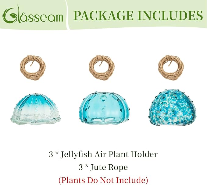Glasseam Hanging Air Plant Holder: 3Pcs Glass Jellyfish Air Plant Hanger with Jute Ropes for Tillandsia Succulent Houseplants - Cute Airplant Display Container for Indoor Home Decor