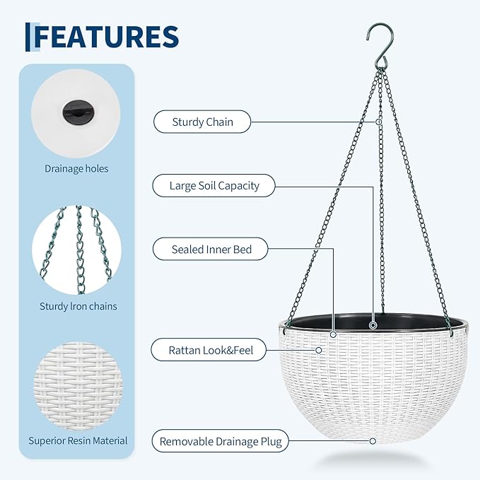 13.8 Inch Self Watering Hanging Planter, 4PCS Round Resin Hanging Basket for Indoor Outdoor Plants, Rattan Look Flower Pot with Drainage Plug, Deep Inner Pot and Sturdy Metal Triple-Chain Hanger