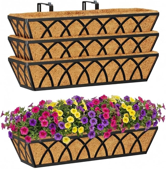 Y&M 4pcs 24 Inch Planter, Metal Window Boxes with Coco Liner, Indoor Outdoor Hanging Flower Planter for Garden, Lawn, Balcony, Porch, Fence, Patio Rail