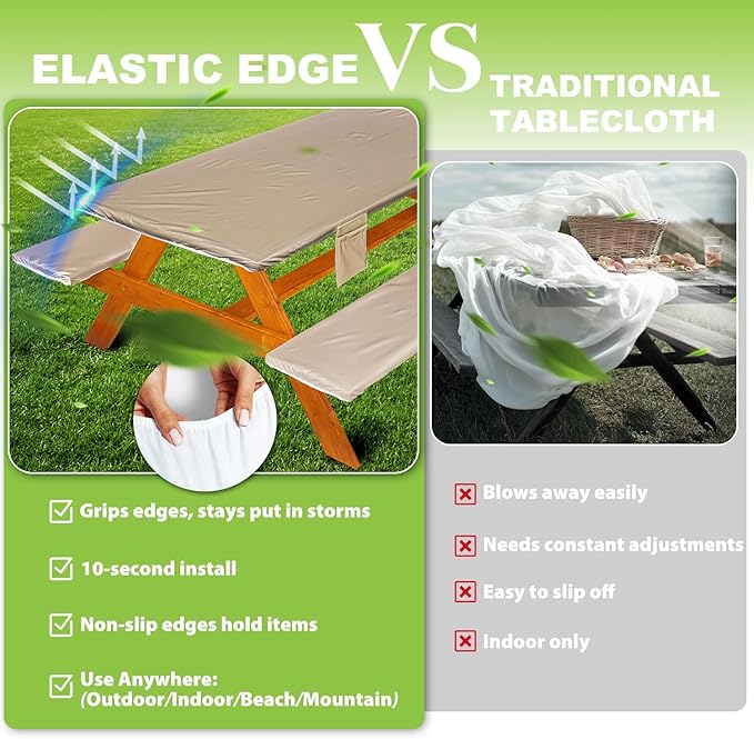 Picnic Table Cover with Bench Covers Vinyl Elastic Edges Fitted Rectangle Seat Tables Waterproof 3-Piece96X30in Set Outdoor Rectangular Folding Backing Tablecloth for Camping Over Size