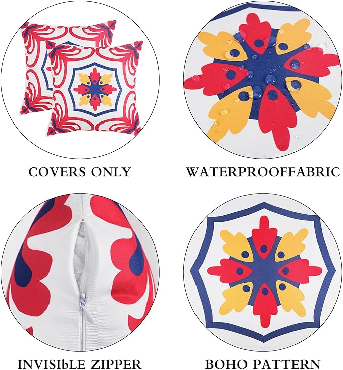 Pyonic 4th of July Outdoor Pillows Waterproof Throw Pillow Covers Set of 4 Red Blue White Floral Printed Patriotic Outdoor Pillow Covers for Patio Funiture Garden 18x18 Inch-Double Side