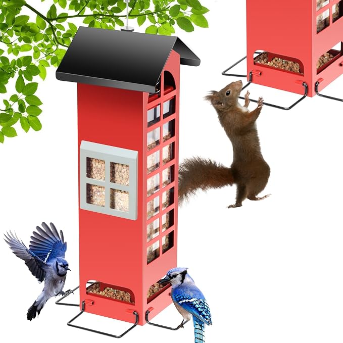 Bird Feeder Squirrel Proof for Outdoors Hanging - Gravity Protection Metal Wild Bird Feeders Tube Bird Seed Feeder with 4 Feeding Ports,2.5LB Large Capacity for Cardinal, Sparrow, Finch, Chickadee