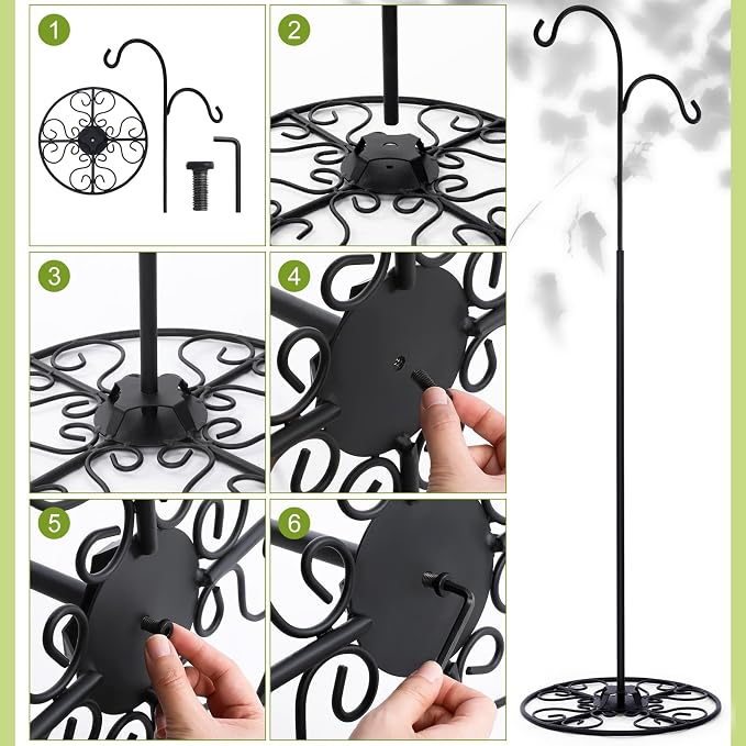 Blulu 34-55 Inch Adjustable Black Iron Shepherd Hook with Base Indoor Outdoor Hanging Plant Stand Bird Feeder Stand Wind Chime Flower Basket for Garden Plants Weddings Event Home Stylish Decor