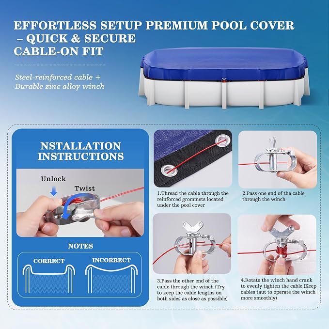 UIRWAY 12x20FT Oval Pool Cover [2026 Upgrade 185GSM] Heavy-Duty PE Above Ground Pool Cover, Metal Buckle, Cold & UV Resistant, Tearproof