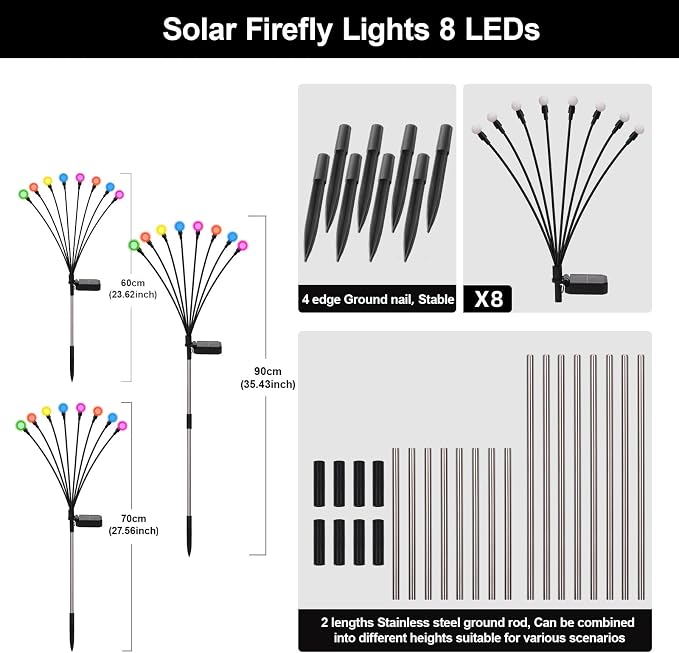 Solar Firefly Lights Multicolor, 8 Pack 800mAh Swaying Firefly Garden Lights Solar Powered Outdoor Waterproof Color Changing for Outside Yard Patio Lawn Pathway Walkway Stake Christmas Decor
