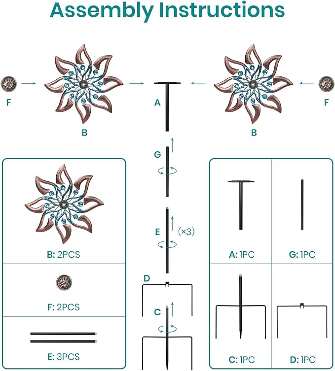 Dahlia Wind Spinner Metal Kinetic Garden Yard Windmill Outdoor Decor | Hand-Crafted Art, Copper & teal dahlia metal spinner, Whisper-quiet dual rotation, Stable ground stake