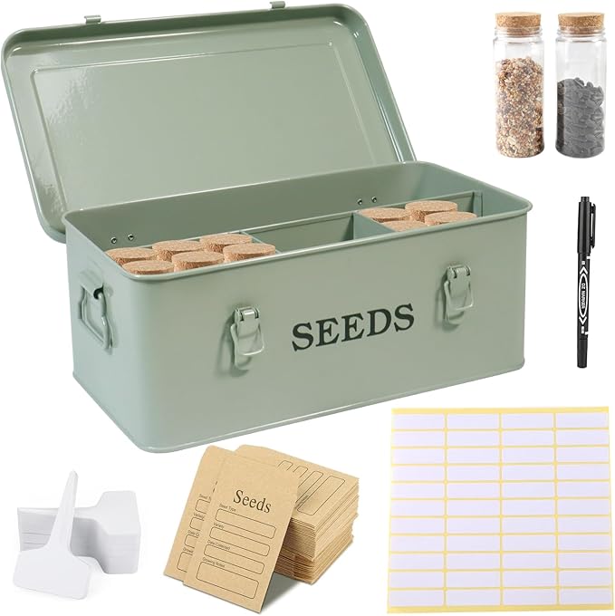 Seed Storage Organizer, 4 Compartment Seed Storage Box with Safety Lock, Metal Seed Box Seed Packet Container with 1 Pen, 12 Slots, 20 Plant Labels & 30 Seed Envelopes, Green Gardening Gift