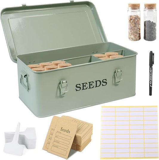 Seed Storage Organizer, 4 Compartment Seed Storage Box with Safety Lock, Metal Seed Box Seed Packet Container with 1 Pen, 12 Slots, 20 Plant Labels & 30 Seed Envelopes, Green Gardening Gift