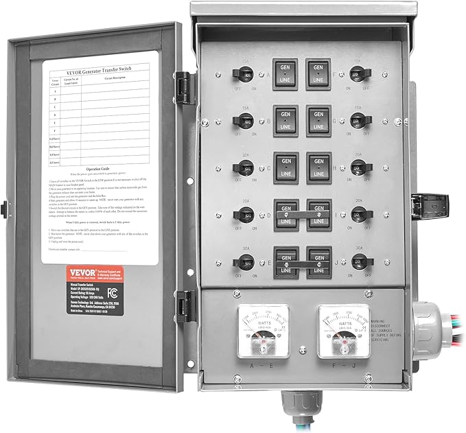 VEVOR Manual Transfer, 50-Amp 10-Circuit, Prewired Generator Transfer Kit with CS6375 Plug Power Inlet Box, Double-Throw, NEMA 3R, Mechanical Watt Meter, for 12500W Generators
