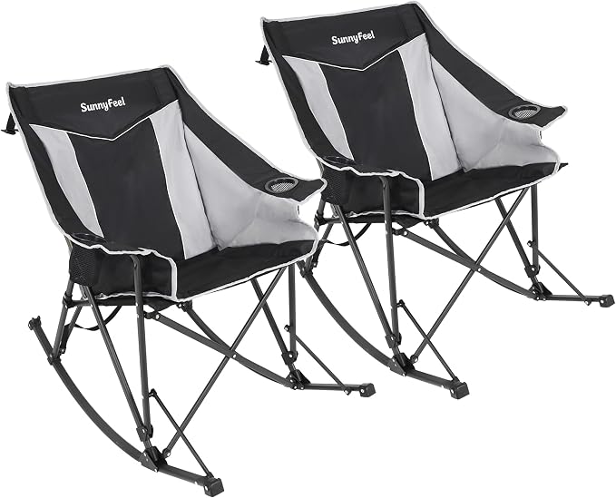 SUNNYFEEL Oversized Folding Rocking Camping Chair 2 Pack Fully Padded Patio Chair Black Portable Outdoor Rocker High Back Portable Lawn Recliner with Side Pocket Camp Rocker Chairs Heavy Duty 500 LBS