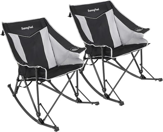 SUNNYFEEL Oversized Folding Rocking Camping Chair 2 Pack Fully Padded Patio Chair Black Portable Outdoor Rocker High Back Portable Lawn Recliner with Side Pocket Camp Rocker Chairs Heavy Duty 500 LBS