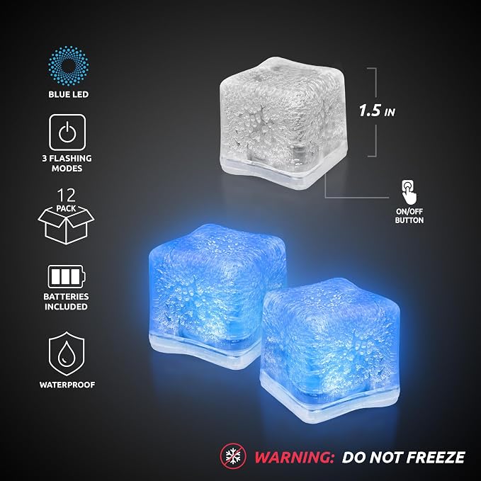 Windy City Novelties 12-Pack Blue LED Ice Cubes with 6 Light Modes - Innovative On/Off Button - Perfect for Parties, Celebrations, Weddings, Birthdays & Festive Occassions