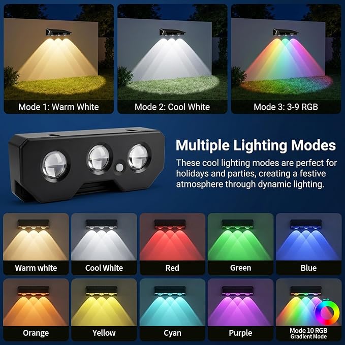 Solar Fence Lights Outdoor 8 Pack, Warm White & RGB Color Changing Fence Lights Solar Powered with Brighter LED Focus Lens, IP65 Waterproof Fence Lights Solar for Wall Deck Patio Porch Step Pool