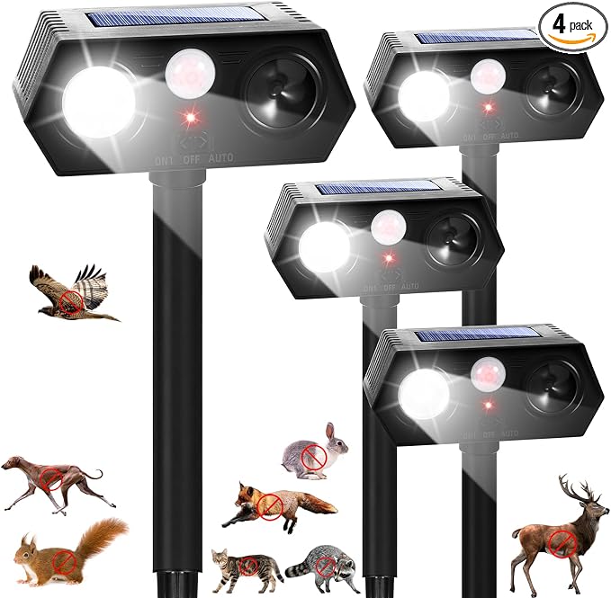 2026 Upgraded Solar Ultrasonic Animal Repellent Deer Deterrent Outdoor Motion Activated with Flash Light Repeller Keep Cat Squirrel Dog Raccoon Skunk Rabbit Away from Yard Garden Lawn 4 Pack