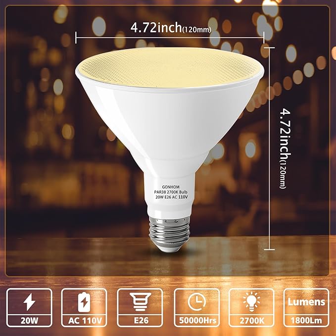 Gonhom Par38 led Flood Lights Outdoor Light Bulb,Dimmable 1800LM,20W Replace up to 200W,Outdoor Flood Light Bulbs for Backyard,Garage,Porch,Garden,6 Pack 2700K Warm Light