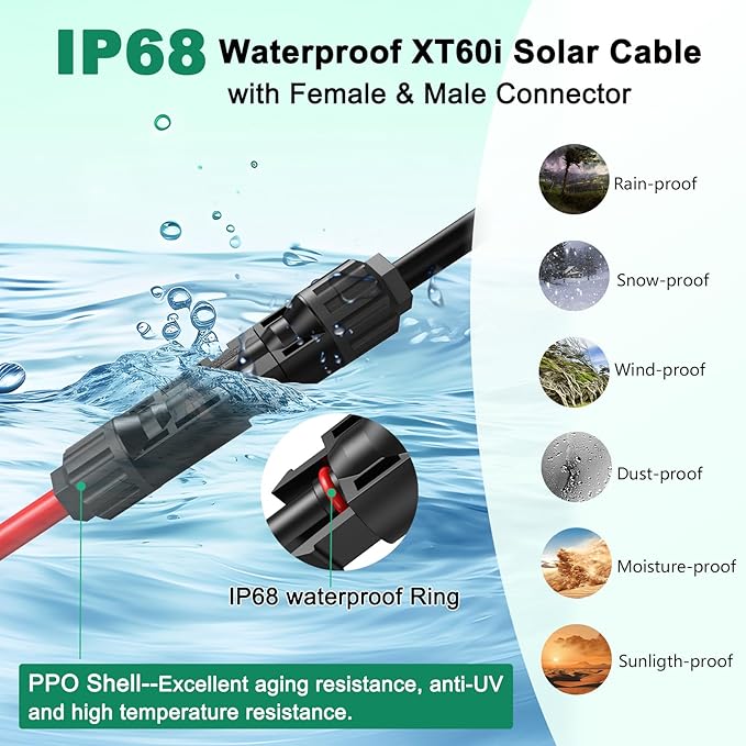 Hiutgowt12AWG XT60i Solar Cable 30FT, Solar to XT60i Cable 3 10 15 20 25 40 50FT, Solar Panel Connector to XT60i Adapter Cable, XT60i Solar Charging Cable for Portable Power Station