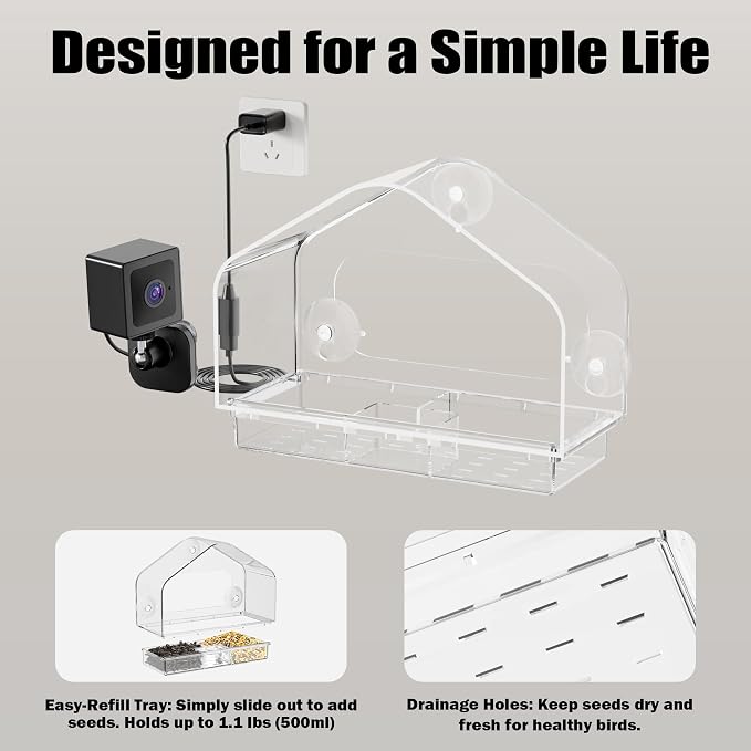 Smart Window Bird Feeder with 2K Camera & AI Identification, Strong Suction Cup Mount, All-Weather Design, Real-Time Alerts, Easy to Install, for Apartments & Homes, Perfect for Bird Lovers