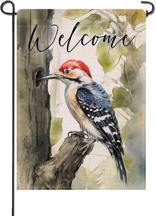 Artofy Welcome Woodpecker Small Decorative Garden Flag, Spring Summer Watercolor Bird Tree Yard Lawn Outside Decor, Seasonal Burlap Outdoor Home Decoration Double Sided 12 x 18