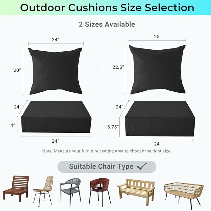 IPYNBAP Outdoor Cushions for Patio Furniture,Outdoor Seat Cushion Set 24 x 24 x 4 Inch,Waterproof & Fade Resistant Outdoor Chair Cushions,Deep Patio Chair Cushion with Removable Cover,Black