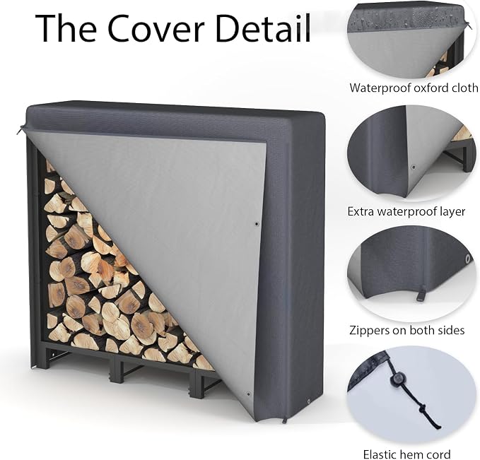 4FT Firewood Rack Outdoor with Cover, Heavy Duty Wood Holder with Log Carrier, Adjustable & Waterproof Log Holder Wood Storage Stand for Fireplace Patio Outdoor, Black