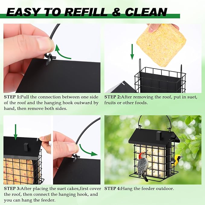 Gbekery All-Metal Double Suet Bird Feeder for Outdoors Hanging, Suet Cake Cage Holder with Weather-Resistant Roof & Perch for Outside Garden, Black
