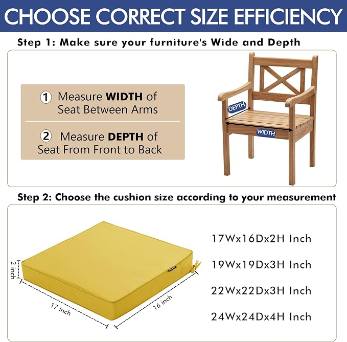 Outdoor Chair Cushions 16 x 17 Inch Water Resistant Patio Chair Cushions with Tie Color Fastness Thick Outdoor Seat Cushion for Garden Lawn Patio Furniture Yellow Set of 2