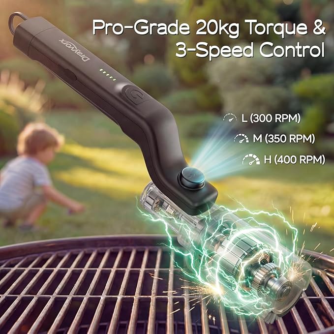 Electric Grill Brush, High Torque Grill Brush with 3-Speed Modes, 20kg Max Torque BBQ Cleaner Safe for Porcelain Cast Iron Stainless Steel, Reinforced Steel Bristles, Type-C Rechargeable