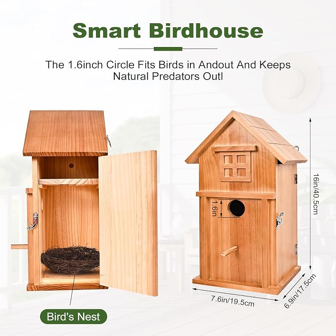 Bird House with Camera Solar Powered 1080P HD Outdoor Design, 2.4G WiFi, Auto Capture Bird Video & Motion Detection, Night Vision, (Dark)