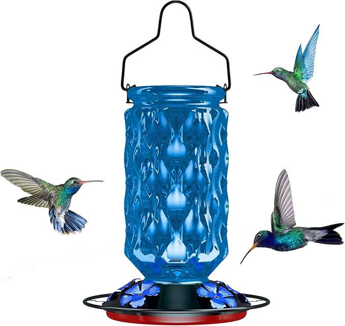 24OZ Glass Hummingbird Feeders for Outdoors Hanging,Five Feeding Ports with Perch, Leak Proof for Gardens Decor Backyard, Bird Feeder for Outside, Birthday Gifts for Women Men, Gifts for Mom Dad