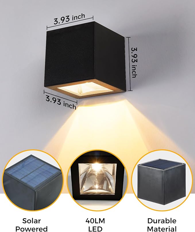 LUHLEE Solar Wall Lights Outdoor,Square Modern Solar Wall Sconce IP65 Waterproof Down Lighting Outdoor Lights for House,Porch,Garden,Yard, Patio,Fence Decor