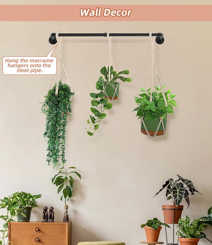 Plant Hanging Rod, with 3Pcs Macrame Plant Hangers and 3 Hooks, 32" Plant Hanger Indoor, Hanging Planter for Indoor Plants, Window Wall Ceiling Plant Hanger (POTS & PLANTS NOT INCLUDED)…