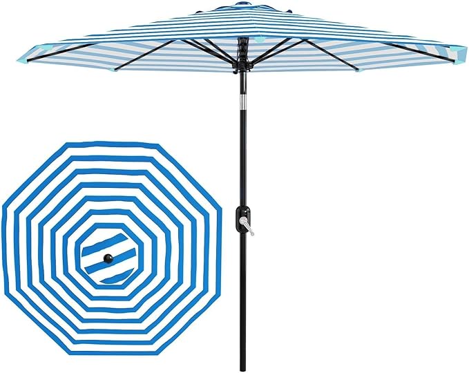 Garvee 9FT Outdoor Patio Umbrella 8 Sturdy Ribs Outdoor Table Umbrella with Crank Lift & Push Button Tilt - UV Protection Waterproof Market Umbrellas for Pool Deck Yard Garden, Blue & White Stripes