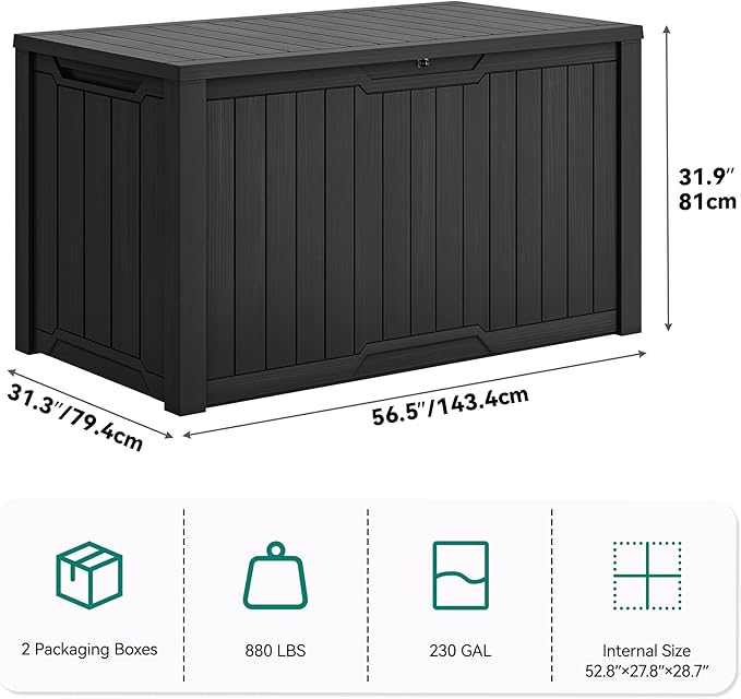 YITAHOME XXL 230 Gallon Large Outdoor Storage Deck Box for Patio Furniture, Outdoor Cushions, Garden Tools and Sports/Pools Equipment, Weather Resistant Resin, Lockable (Black)