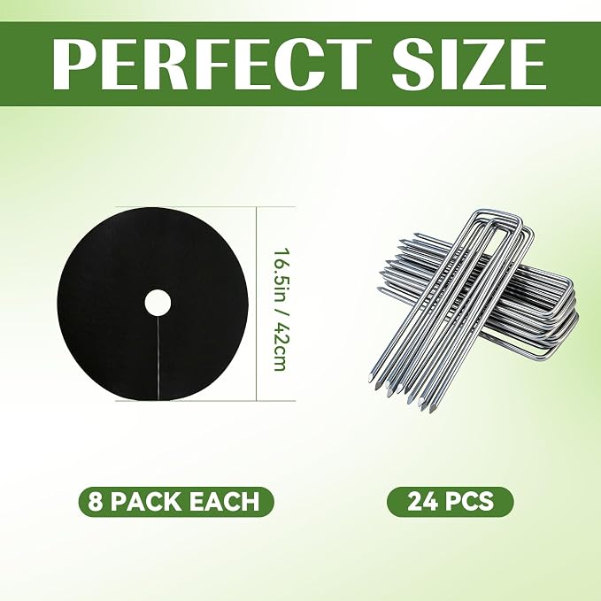 8 Packs Tree Mulch Ring - 16.5” Non-Woven Degradable Landscape Barrier Mat with Stakes, Tree Protector Ring, Tree Mat Barrier Fabric for Root Protection for Garden Patio Orchard Landscaping