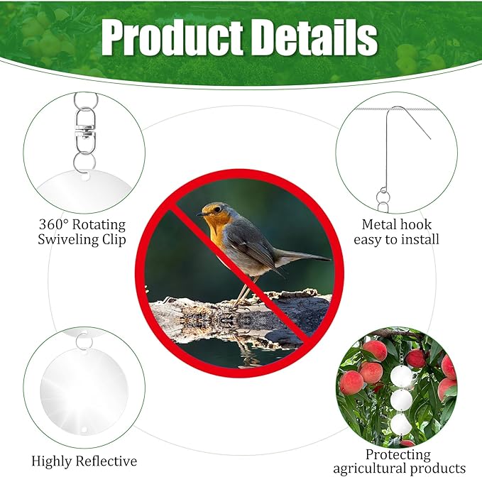 10 Pack Hanging Reflective Bird Scare Discs Set, Large 30-Discs Double-Sided Mirror Bird Deterrent Spinner Reflectors for Outdoor Garden, Patio, Orchard, Balcony, Tree, and Crop Protection Decorations